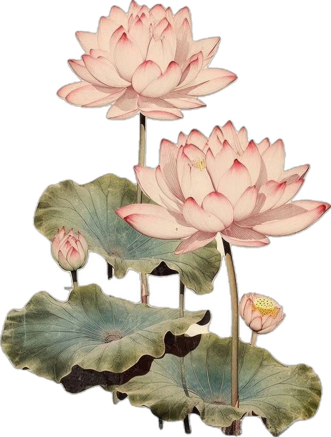 Watercolor lotus flowers with lily pads